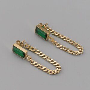 18K Gold Plated Chain Drop Earrings with Simulated Emerald Stone
